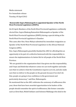 Media Statement for Immediate Release Tuesday, 03 April 2012