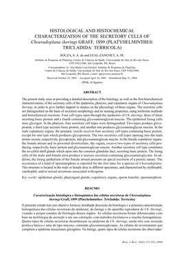 HISTOLOGICAL and HISTOCHEMICAL CHARACTERIZATION of the SECRETORY CELLS of Choeradoplana Iheringi GRAFF, 1899 (PLATYHELMINTHES: TRICLADIDA: TERRICOLA)