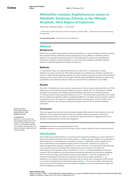 Methicillin-Resistant Staphylococcus Aureus in Metabolic Syndrome Patients at the Mbouda Hospitals, West Region of Cameroon