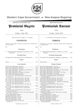 Provincial Gazette Provinsiale Koerant 7419 7419 Friday, 3 July 2015 Vrydag, 3 Julie 2015