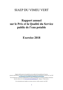 Rapport Annuel Sur Le Prix Et La Qualité Du Service Public D'eau Potable