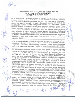 Consejo Municipal Electoral 037 De Hueypoxtla Acta De La Sesión Permanente De Fecha 07 De Junio De 2015