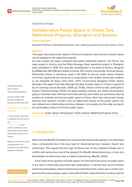 Two Waterfront Projects, Shanghai and Suzhou Teresa Hoskyns Associate Professor of Architectural Design, Xi’An Jiaotong Liverpool University, Suzhou, China