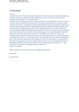 E-Mail 05-03-2012 Hi Sarita, the Letter from Cllr Avril York Was