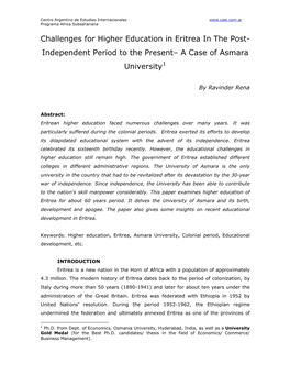 Challenges for Higher Education in Eritrea in the Post-Independent Period to the Present