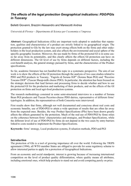 The Effects of the Legal Protection Geographical Indications: PDO/Pgis in Tuscany