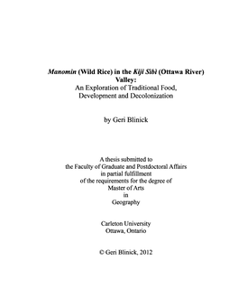 Manomin (Wild Rice) in the Kiji Sibi (Ottawa River) Valley: an Exploration of Traditional Food, Development and Decolonization