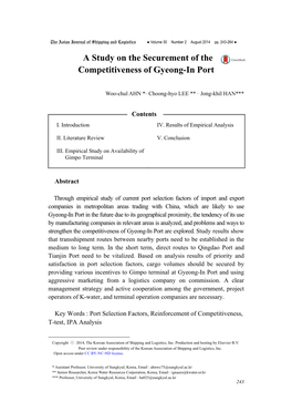 A Study on the Securement of the Competitiveness of Gyeong-In Port G Woo-Chul AHN *· Choong-Hyo LEE ** · Jong-Khil HAN*** G Contents I