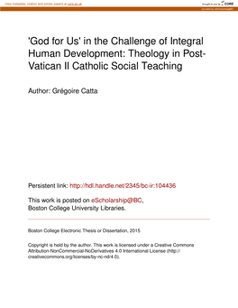 In the Challenge of Integral Human Development: Theology in Post- Vatican II Catholic Social Teaching