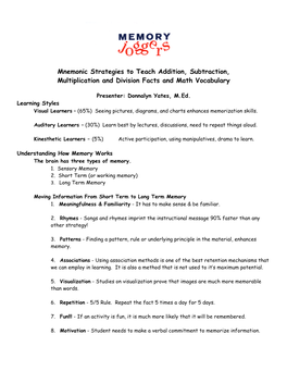 Mnemonic Strategies to Teach Addition, Subtraction, Multiplication and Division Facts and Math Vocabulary