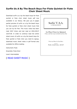 Surfin Us a by the Beach Boys for Flute Quintet Or Flute Choir Sheet Music