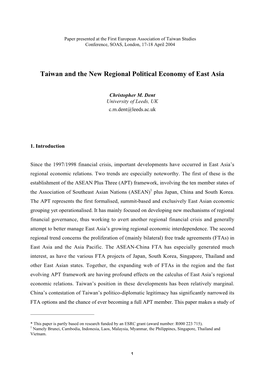 Taiwan and the New Regional Political Economy of East Asia