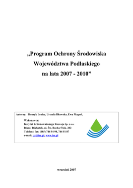„Program Ochrony Środowiska Województwa Podlaskiego Na Lata 2007 - 2010”