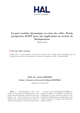 La Gare Routière Dynamique Au Cœur Des Villes. Étude Prospective RATP Pour Une Application Au Secteur De Montparnasse Marion Suel