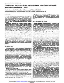 Association of the 323/A3 Surface Glycoprotein with Tumor Characteristics and Behavior in Human Breast Cancer1