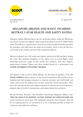 Singapore Airlines and Scoot Awarded Skytrax 5-Star Health and Safety Rating