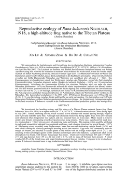 Reproductive Ecology of Rana Kukunoris NIKOLSKII, 1918, a High-Altitude Frog Native to the Tibetan Plateau (Anura: Ranidae)