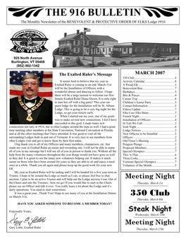 THE 916 BULLETIN the Monthly Newsletter of the BENEVOLENT & PROTECTIVE ORDER of ELKS Lodge #916