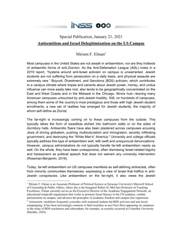 Special Publication, January 21, 2021 Antisemitism and Israel Delegitimization on the US Campus