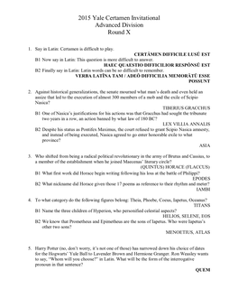 2015 Yale Certamen Invitational Advanced Division Round X