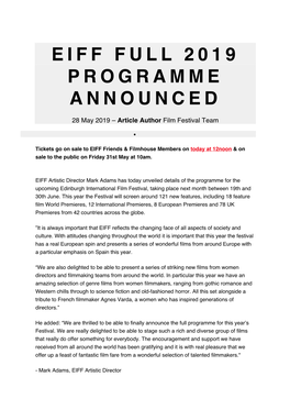 Eiff Full 2019 Programme Announced