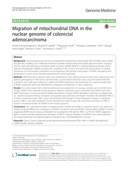 Migration of Mitochondrial DNA in the Nuclear Genome of Colorectal Adenocarcinoma Vinodh Srinivasainagendra1, Michael W