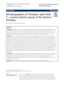 Micropropagation of Tricholepis Roylei Hook. F.—A Point Endemic Species of the Western Himalaya Giriraj Singh Panwar* and Bhavana Joshi