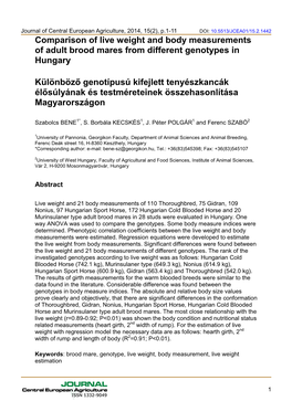 Comparison of Live Weight and Body Measurements of Adult Brood Mares from Different Genotypes in Hungary