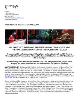 San Francisco Symphony Presents Annual Chinese New Year Virtual Celebration: Year of the Ox, February 20, 2021