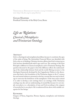 Life As Relation: Classical Metaphysics and Trinitarian Ontology