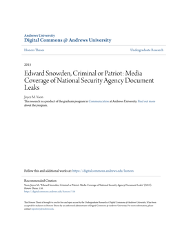 Edward Snowden, Criminal Or Patriot: Media Coverage of National Security Agency Document Leaks Joyce M