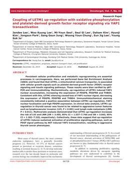 Coupling of LETM1 Up-Regulation with Oxidative Phosphorylation and Platelet-Derived Growth Factor Receptor Signaling Via YAP1 Transactivation