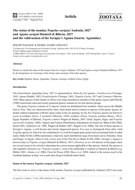 Zootaxa, the Status of the Nomina Trapelus Savignyi Audouin, 1827