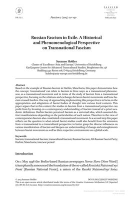 Russian Fascism in Exile. a Historical and Phenomenological Perspective on Transnational Fascism