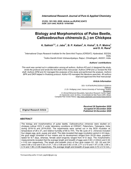 Biology and Morphometrics of Pulse Beetle, Callosobruchus Chinensis (L.) on Chickpea