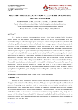 Assessment of Energy Expenditure of Walking Based on Heart Rate Monitoring by Gender