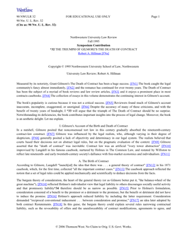 Northwestern University Law Review Fall 1995 Symposium Contribution *32 the TRIUMPH of GILMORE's the DEATH of CONTRACT Robert A