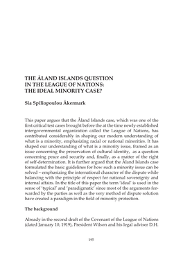 The Åland Islands Question in the League of Nations: the Ideal Minority Case?