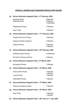 APPEALS, AWARDS and STANDARDS REGULATORY BOARD (A) School Admission Appeals Panel – 4Th February, 2020 Athersley North 3 Refus