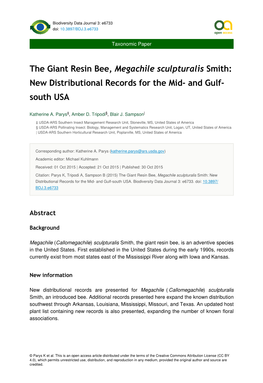 The Giant Resin Bee, Megachile Sculpturalis Smith: New Distributional Records for the Mid- and Gulf- South USA