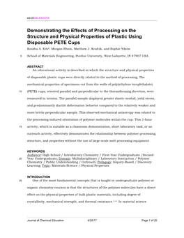 Demonstrating the Effects of Processing on the Structure and Physical Properties of Plastic Using Disposable PETE Cups Kendra A