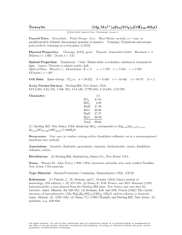 Torreyite (Mg, Mn )9Zn4(SO4)2(OH)22 • 8H2O C 2001-2005 Mineral Data Publishing, Version 1