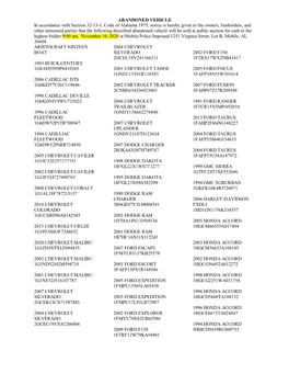 ABANDONED VEHICLE in Accordance with Section 32-13-1, Code of Alabama 1975, Notice Is Hereby Given to the Owners, Lienholders, A