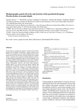 Phylogeography, Genetic Diversity and Structure of the Poecilosclerid Sponge Phorbas Fictitius at Oceanic Islands