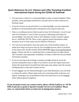 Quick Reference for U.S. Citizens and Lprs Transiting Frankfurt International Airport During the COVID-19 Outbreak