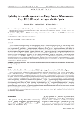 Updating Data on the Sycamore Seed Bug, Belonochilus Numenius (Say, 1832) (Hemiptera: Lygaeidae) in Spain