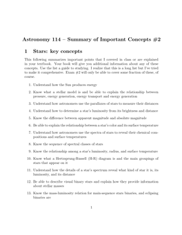Astronomy 114 – Summary of Important Concepts #2 1 Stars: Key