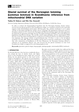 Glacial Survival of the Norwegian Lemming (Lemmus Lemmus) in Scandinavia: Inference from Mitochondrial DNA Variation Vadim B