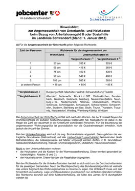 Hinweisblatt Zur Angemessenheit Von Unterkunfts- Und Heizkosten Beim Bezug Von Arbeitslosengeld II Oder Sozialhilfe Im Landkreis Schwandorf (Stand: 1