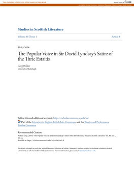 The Popular Voice in Sir David Lyndsay's Satire of the Thrie Estaitis